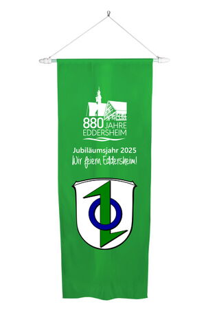 Zu sehen ist ein Entwurf eine Bannerfahne mit dem Logo 880 Jahre Eddersheim und dem Wappen von Eddersheim